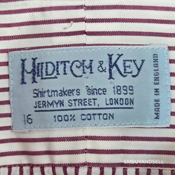Hilditch & Key Mens Dress Shirt 16 Burgundy White Stripe French Cuff England - Picture 9 of 13